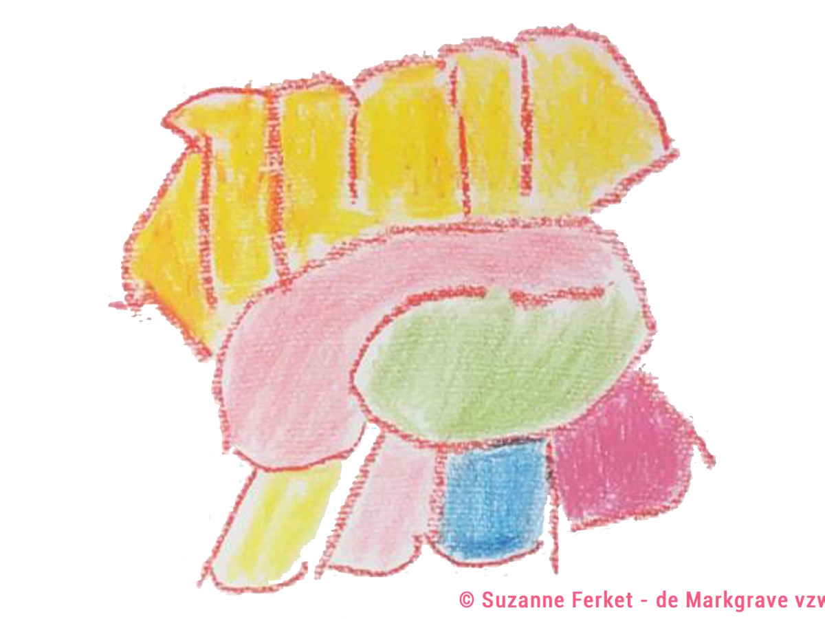 Techniek: kleurpotloden Beschrijving:Een fantasie figuur in roze zonder hoofd met 4 poten in verschillende kleuren en een grote gele hanenkam       